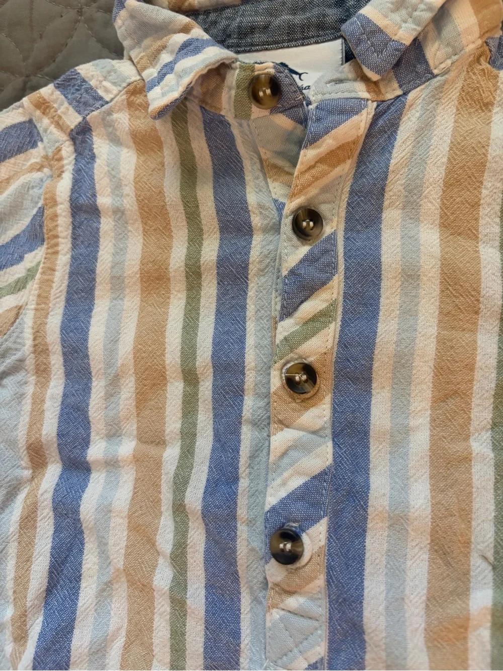 Tommy Bahama Striped Baby Romper in Blue, Tan & Green